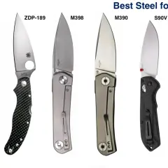 Sześć noży z różnych rodzajów stali: Elmax, ZDP-189, M398, M390, S90V, S110V.