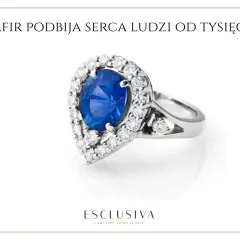 Elegancki pierścionek z dużym, niebieskim szafirem otoczonym brylantami. Szafir znaczenie ma od wieków, symbolizując mądrość i wierność.