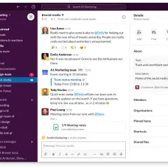 Kanał #social-media w Slacku, gdzie zespół koordynuje działania w mediach społecznościowych.