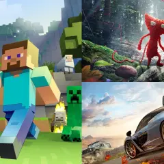 Kolaż gier: Minecraft, Unravel, Forza Horizon. Idealne xbox gry dla dzieci 5 lat i starszych.