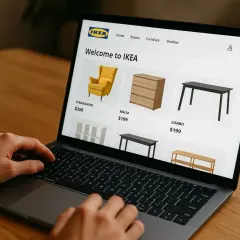 Osoba przegląda meble na stronie IKEA, planując zakupy. Może zapłacić wygodnie przez PayPo.