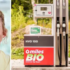 Kvinna ler bredvid en pump för HVO 100, framtidens drivmedel. Miles BIO – grönt tar dig längre.