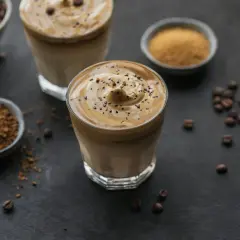 Dwa szklanki kawy mocha mousse z pianką i posypką z kawy. Obok miseczki z kawą rozpuszczalną i cukrem.