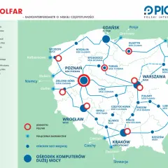 Mapa sieci LOFAR w Polsce z zaznaczonymi ośrodkami badawczymi i połączeniami międzynarodowymi.