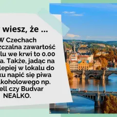 Widok na Pragę z mostami i rzeką Wełtawą, z tekstem o dopuszczalnej zawartości alkoholu we krwi w Czechach.