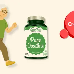 Un anziano corre energico accanto a un barattolo di "Pure Creatine". La creatina scade? No, se assunta regolarmente per mantenersi attivi.