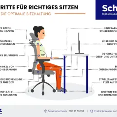 Grafik zeigt 12 Tipps für richtiges Sitzen am Arbeitsplatz, ideal für die Bildschirmarbeit Pause.