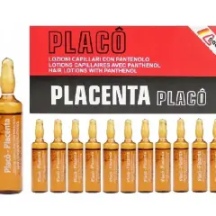 Ampułki Placenta Placô z pantenolem, do pielęgnacji włosów. Zestaw zawiera 10 sztuk.