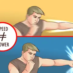 Two illustrations of a boxer. The top shows a blurred punch, indicating speed. The bottom shows a sharp, bright punch, representing power.