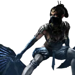 Kitana Mortal Kombat w niebieskim stroju, z maską na twarzy i wachlarzami w dłoniach, gotowa do walki.