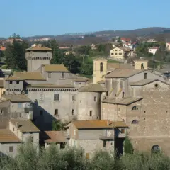 Borgo medievale di Carbognano, Viterbo, con torri e case in pietra sotto un cielo azzurro.