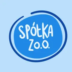 Niebieski okrąg z białym napisem "SPÓŁKA Z.O.O." - skrót spółka z ograniczoną odpowiedzialnością.