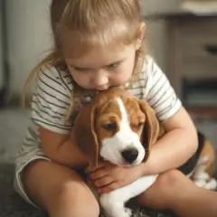 Mała dziewczynka tuli szczeniaka beagle.