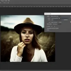 Kobieta w kapeluszu, edytowana w Photoshopie. Okno "Bildberechnungen" pokazuje ustawienia dla techniki **dodge and burn**, z wybraną warstwą "Zusammengefügt" i trybem "Multiplizieren".