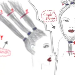 Ilustracja pokazuje, jak wycieniować włosy w domu. Podziel włosy na sekcje, zwiąż gumkami i przytnij końce.
