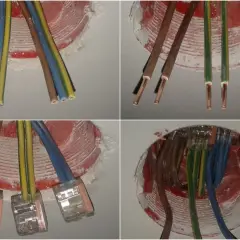 Łączenie puszek elektrycznych: przewody brązowe, żółte, zielone i niebieskie gotowe do połączenia.