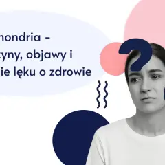 Zmartwiona kobieta z lupą badającą płuca. Tekst: Hipochondria - przyczyny, objawy i leczenie lęku o zdrowie.