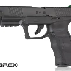 Czarny pistolet Umarex SA10 z zieloną muszką, gotowy do akcji.