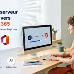 Une femme travaille sur un ordinateur affichant une migration de serveur Exchange vers Microsoft 365. Icônes de performance et collaboration.