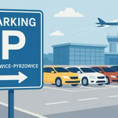 Parking na lotnisku Katowice-Pyrzowice. Samolot startuje nad budynkiem terminala, a przed nim rząd samochodów.