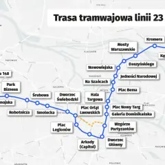 Mapa trasy tramwajowej linii 23 we Wrocławiu, pokazująca przystanki od Wrocław Nowy Dwór (P+R) przez Dworzec Świebodzki do Kowale.