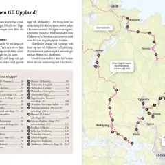 En karta över Upplandsleden med numrerade etapper och platser som Uppsala, Enköping och Stockholm.