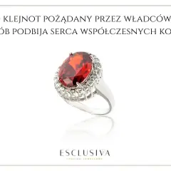 Pierścionek z dużym, owalnym rubinem otoczonym błyszczącymi kamieniami. Ten klejnot, pożądany przez władców, wciąż podbija serca.