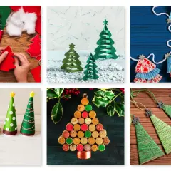 Manualidades de **árbol de Navidad con cajas** de cartón, fieltro y corchos. Decoraciones festivas para hacer en casa.