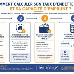 Infographie expliquant comment calculer son taux d'endettement. Quatre étapes : recenser ses charges, intégrer l'assurance, calculer ses revenus nets, puis comparer au seuil maximum de 35%.