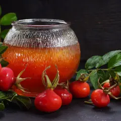 Nalewka z dzikiej róży na spirytusie z miodem w szklanym naczyniu, otoczona świeżymi owocami dzikiej róży i liśćmi.
