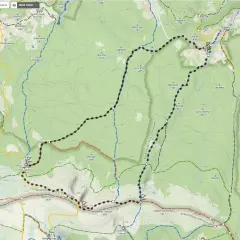 Mapa Karkonoszy z zaznaczonymi szlakami. Widoczne schronisko "Poo-Zabskim tem" oraz szczyty takie jak Łysa Góra i Wielki Szyszak.
