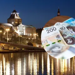 Szczecińska panorama nocą z polskimi banknotami w tle.