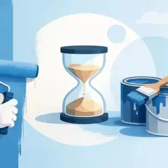 Un rodillo pinta una pared azul mientras la arena cae en un reloj de arena, simbolizando el tiempo entre manos de pintura.