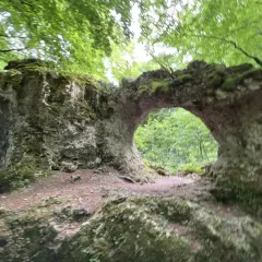 Arco natural cubierto de musgo en la sierra de Entzia, rodeado de árboles frondosos.