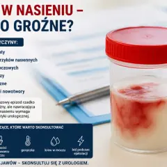 Pojemnik z próbką nasienia z widoczną krwią. Informacje o przyczynach i objawach krwi w spermie.