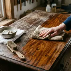 Main d'une personne essuyant un meuble en bois avec un chiffon, montrant comment dégraisser du bois. Une brosse et un bol d'eau sont à proximité.