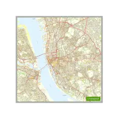 Mapa drogowa miasta, pokazująca rzekę i sieć ulic. Widać napis "Liverpool", co odpowiada na pytanie: gdzie jest Liverpool.