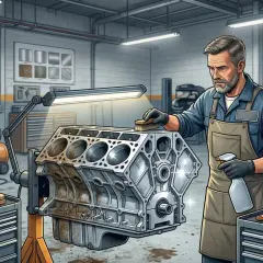 Mechanik pokazuje, czym wyczyścić aluminium, szczotkując blok silnika. W warsztacie widać narzędzia i środki czyszczące.