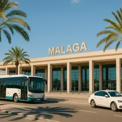 Autobus i biały samochód przed budynkiem lotniska Malaga. Idealne miejsce na rozpoczęcie podróży, tanie malaga loty czekają!