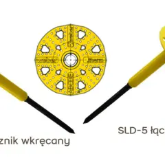 Dwa kołki do wełny elewacyjnej: wkręcany SRD-5 i wbijany SLD-5, oraz schemat łącznika.