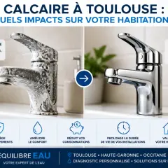 Robinet entartré avant, propre après. L'eau calcaire, un danger pour votre habitation, cause usure et traces.