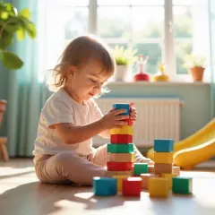Małe dziecko buduje wieżę z kolorowych klocków na podłodze w pokoju zabaw.