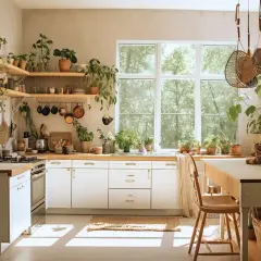 Jasna kuchnia boho z mnóstwem roślin doniczkowych, drewnianymi półkami i wiklinowymi akcentami. Słońce wpada przez duże okno, tworząc ciepłą atmosferę.