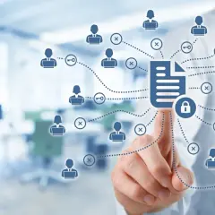 Un document sécurisé au centre d'un réseau d'utilisateurs, illustrant la ged définition et la gestion des accès.