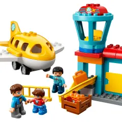 Lego Duplo Flughafen: Ein gelbes Flugzeug, ein Kontrollturm und Figuren warten auf den Start. Die Anleitung zeigt, wie man den Flughafen baut.