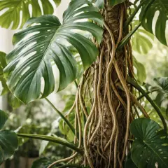 Monstera w naturze, z jej charakterystycznymi, dziurawymi liśćmi, oplata pień drzewa licznymi korzeniami powietrznymi.
