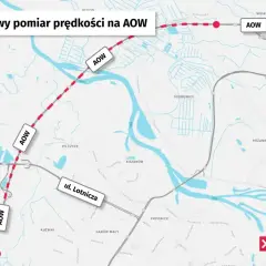Mapa pokazuje odcinek AOW z zaznaczonym odcinkowym pomiarem prędkości. Widoczne są nazwy ulic: Lotnicza i Żmigrodzka.
