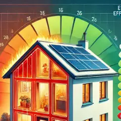 Dom z panelami słonecznymi i skalą efektywności energetycznej. Wysokie ceny energii motywują do inwestycji w zielone rozwiązania.