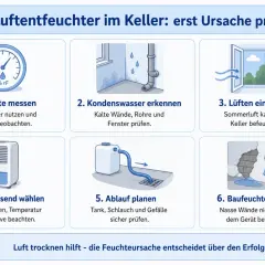 Infografik zeigt Schritte zur Ursachenfindung bei Kellerfeuchte, bevor ein Luftentfeuchter im Dauerbetrieb eingesetzt wird.