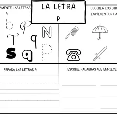 Hoja de actividades para niños con la letra P: rodea letras, colorea dibujos que empiezan por P, repasa la P y escribe palabras.